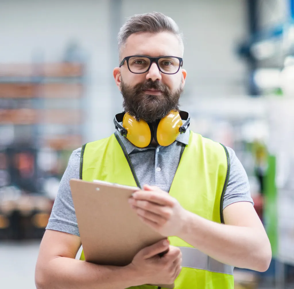 Our Team Technician Or Engineer With Protective Headphones Ondustry